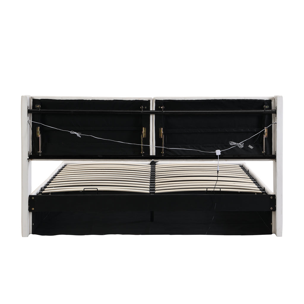 Binaurales LED-Polsterbett 140 x 200 cm, hydraulisches Bett, wiederaufladbarer USB-Anschluss im Bett, mit LED-Beleuchtung, mit Stauraum, verstellbares Kopfteil, PU-Kieselstein, weiß
