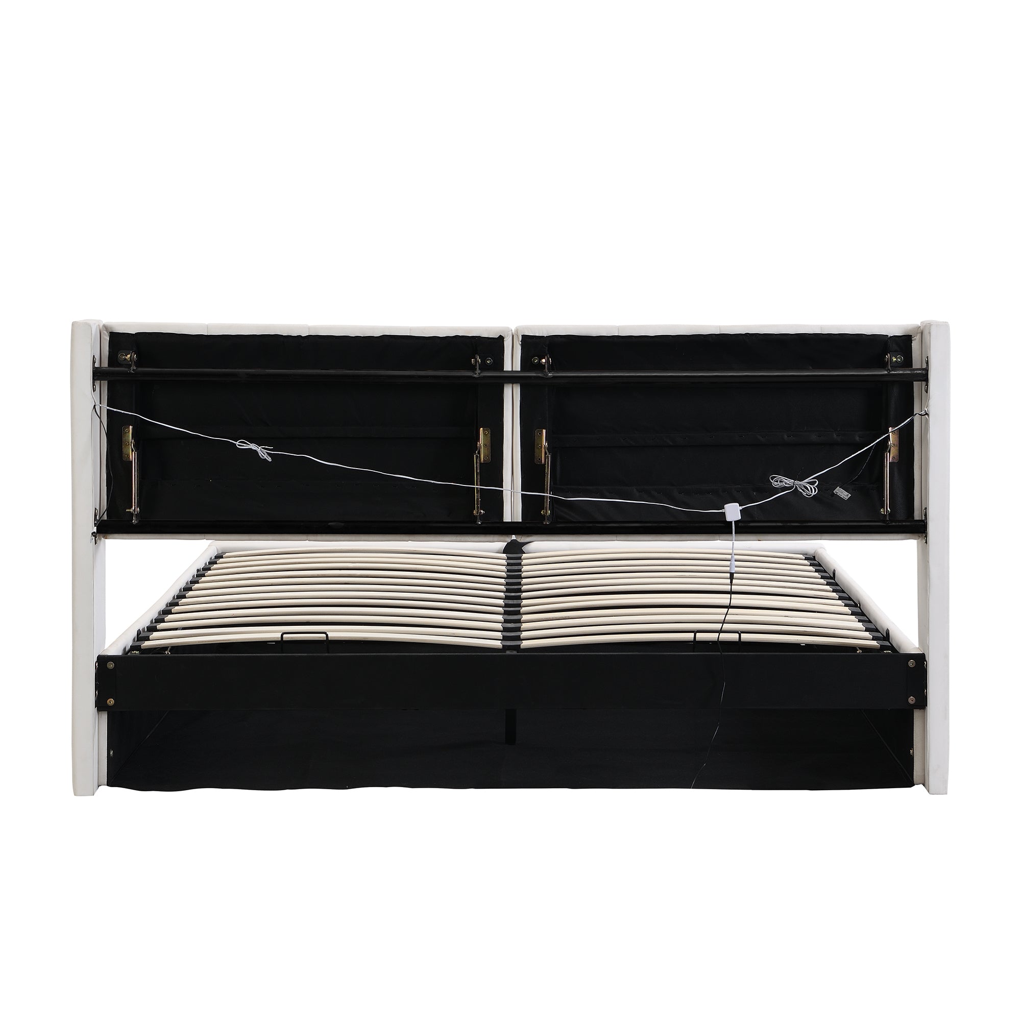 Binaurales LED-Polsterbett 140 x 200 cm, hydraulisches Bett, wiederaufladbarer USB-Anschluss im Bett, mit LED-Beleuchtung, mit Stauraum, verstellbares Kopfteil, PU-Kieselstein, weiß