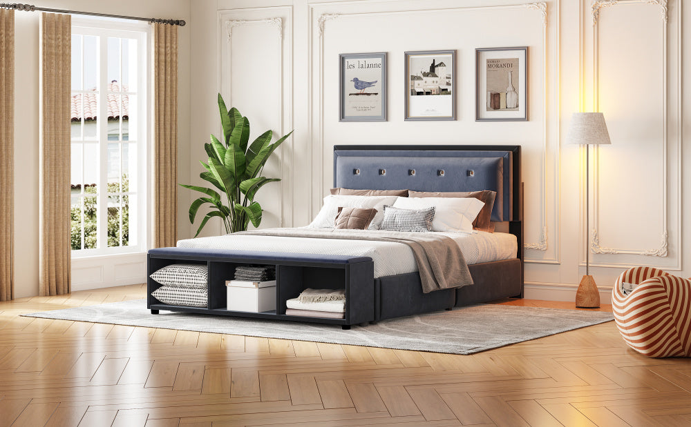 Polsterbett 140 x 200 cm, Doppelbett 2-Ton-Design, höhenverstellbares Kopfteil, Fußstütze mit herausnehmbarer Aufbewahrung, Jugendbett mit Lattenrost, Samtstoff Grau
