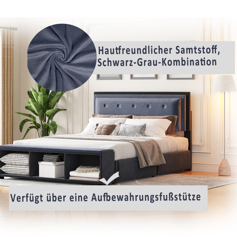 Polsterbett 140 x 200 cm, Doppelbett 2-Ton-Design, höhenverstellbares Kopfteil, Fußstütze mit herausnehmbarer Aufbewahrung, Jugendbett mit Lattenrost, Samtstoff Grau