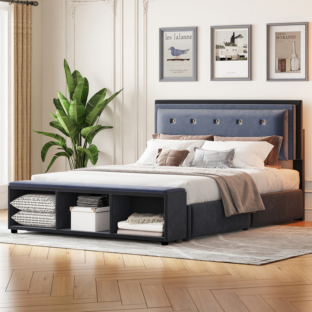 Polsterbett 140 x 200 cm, Doppelbett 2-Ton-Design, höhenverstellbares Kopfteil, Fußstütze mit herausnehmbarer Aufbewahrung, Jugendbett mit Lattenrost, Samtstoff Grau