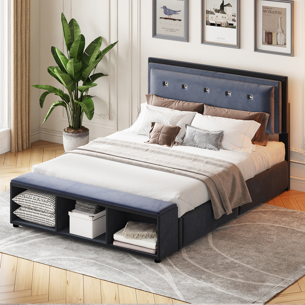 Polsterbett 140 x 200 cm, Doppelbett 2-Ton-Design, höhenverstellbares Kopfteil, Fußstütze mit herausnehmbarer Aufbewahrung, Jugendbett mit Lattenrost, Samtstoff Grau