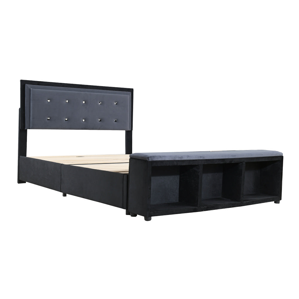 Polsterbett 140 x 200 cm, Doppelbett 2-Ton-Design, höhenverstellbares Kopfteil, Fußstütze mit herausnehmbarer Aufbewahrung, Jugendbett mit Lattenrost, Samtstoff Grau