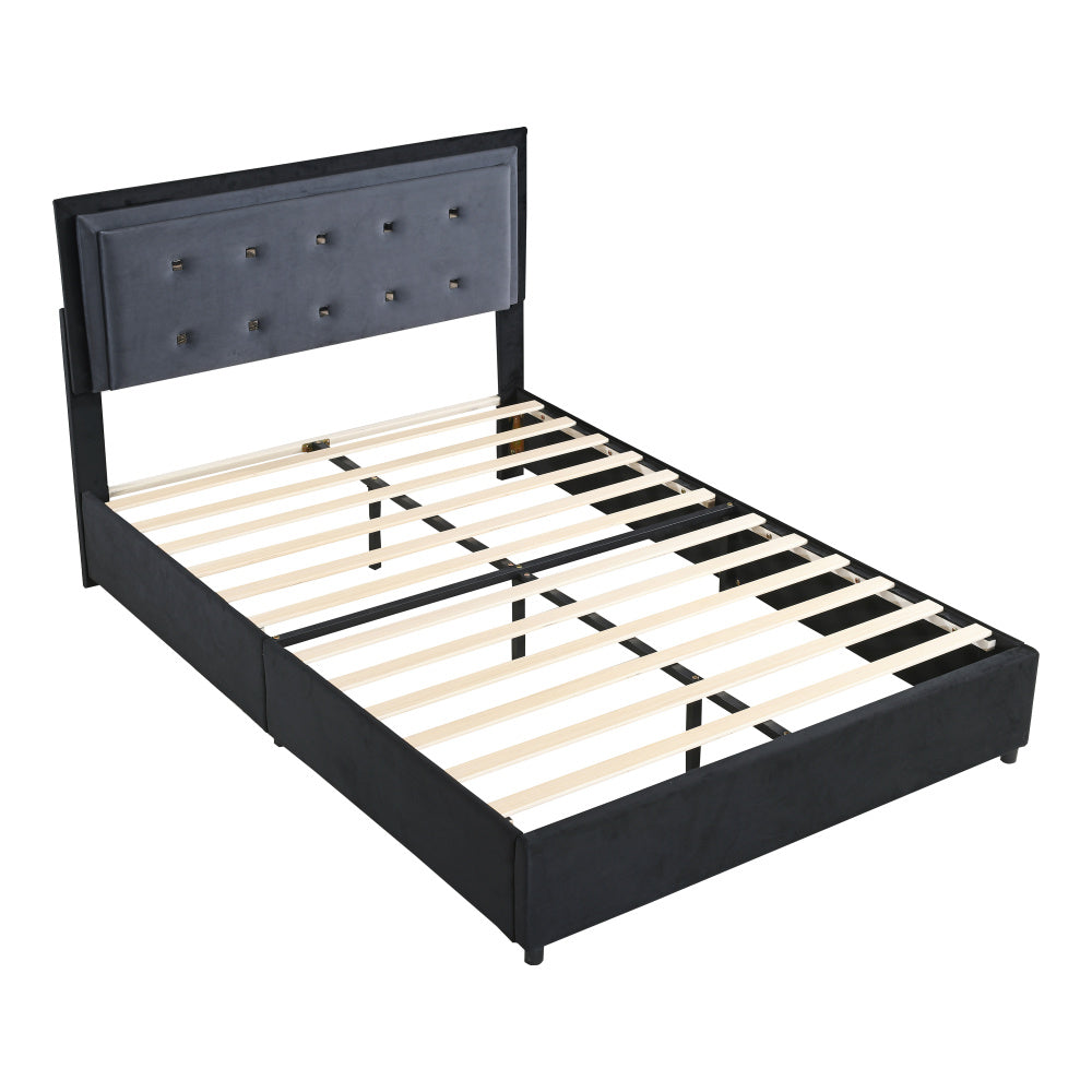 Polsterbett 140 x 200 cm, Doppelbett 2-Ton-Design, höhenverstellbares Kopfteil, Fußstütze mit herausnehmbarer Aufbewahrung, Jugendbett mit Lattenrost, Samtstoff Grau