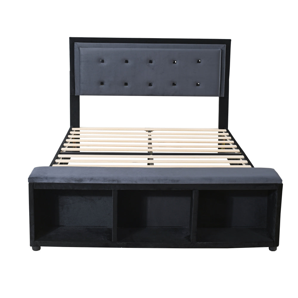 Polsterbett 140 x 200 cm, Doppelbett 2-Ton-Design, höhenverstellbares Kopfteil, Fußstütze mit herausnehmbarer Aufbewahrung, Jugendbett mit Lattenrost, Samtstoff Grau