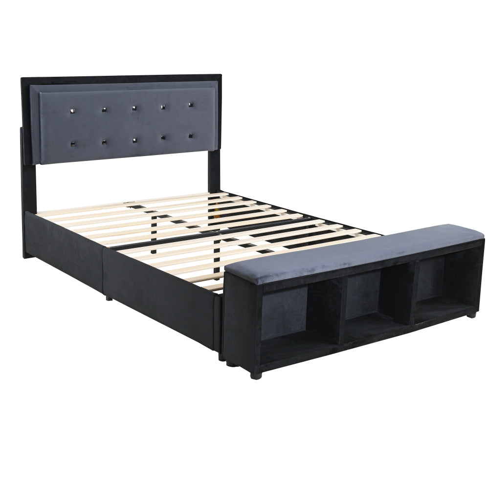 Polsterbett 140 x 200 cm, Doppelbett 2-Ton-Design, höhenverstellbares Kopfteil, Fußstütze mit herausnehmbarer Aufbewahrung, Jugendbett mit Lattenrost, Samtstoff Grau