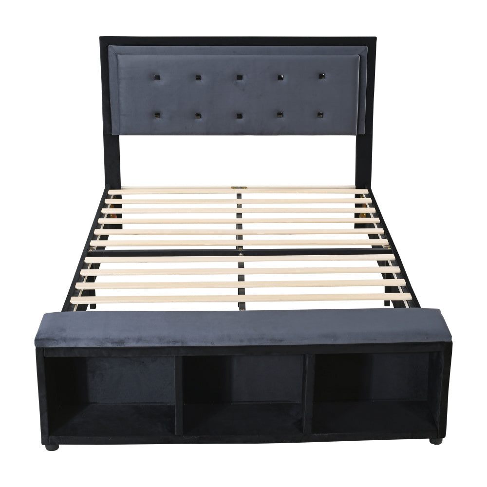 Polsterbett 140 x 200 cm, Doppelbett 2-Ton-Design, höhenverstellbares Kopfteil, Fußstütze mit herausnehmbarer Aufbewahrung, Jugendbett mit Lattenrost, Samtstoff Grau