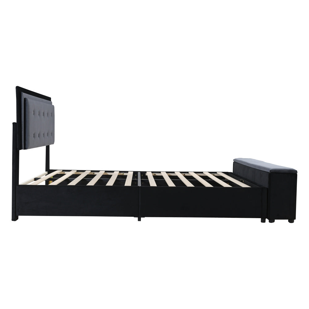Polsterbett 140 x 200 cm, Doppelbett 2-Ton-Design, höhenverstellbares Kopfteil, Fußstütze mit herausnehmbarer Aufbewahrung, Jugendbett mit Lattenrost, Samtstoff Grau