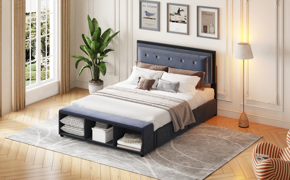 Polsterbett 140 x 200 cm, Doppelbett 2-Ton-Design, höhenverstellbares Kopfteil, Fußstütze mit herausnehmbarer Aufbewahrung, Jugendbett mit Lattenrost, Samtstoff Grau