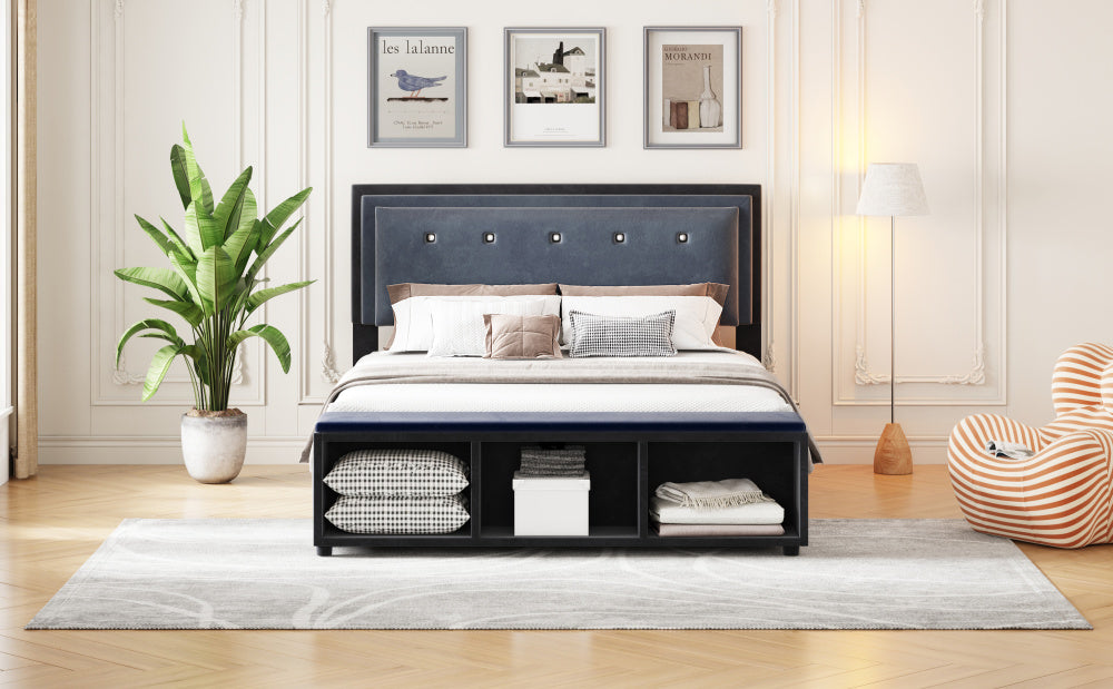Polsterbett 140 x 200 cm, Doppelbett 2-Ton-Design, höhenverstellbares Kopfteil, Fußstütze mit herausnehmbarer Aufbewahrung, Jugendbett mit Lattenrost, Samtstoff Grau