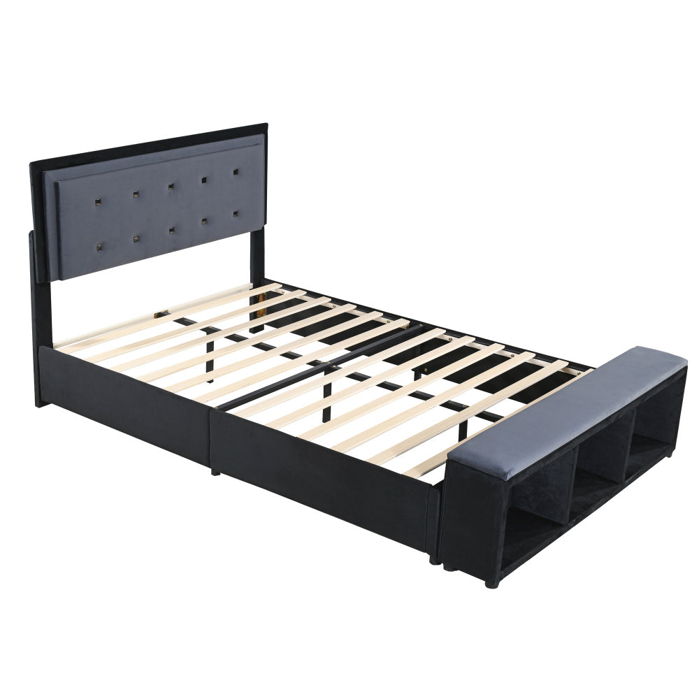 Polsterbett 140 x 200 cm, Doppelbett 2-Ton-Design, höhenverstellbares Kopfteil, Fußstütze mit herausnehmbarer Aufbewahrung, Jugendbett mit Lattenrost, Samtstoff Grau