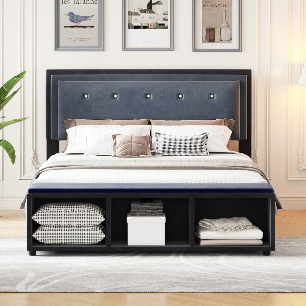 Polsterbett 140 x 200 cm, Doppelbett 2-Ton-Design, höhenverstellbares Kopfteil, Fußstütze mit herausnehmbarer Aufbewahrung, Jugendbett mit Lattenrost, Samtstoff Grau