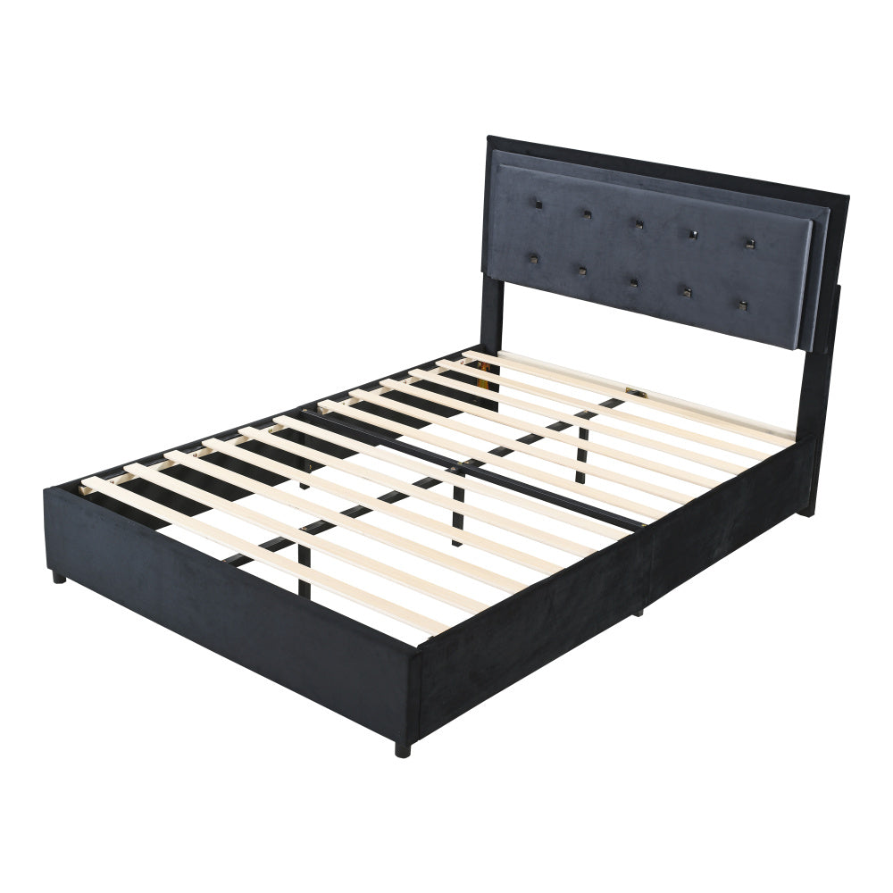 Polsterbett 140 x 200 cm, Doppelbett 2-Ton-Design, höhenverstellbares Kopfteil, Fußstütze mit herausnehmbarer Aufbewahrung, Jugendbett mit Lattenrost, Samtstoff Grau