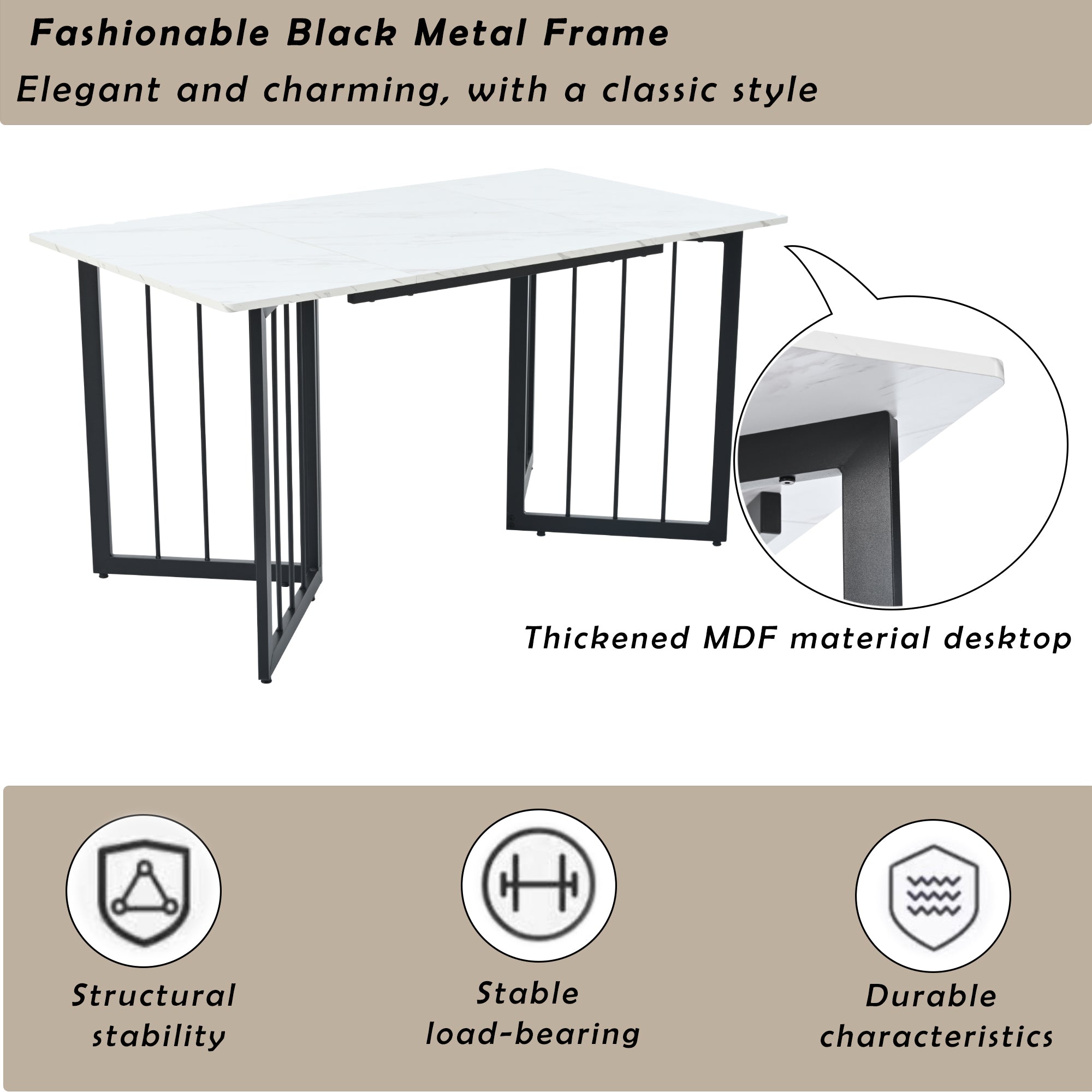 140 x 80 x 75cm Esstisch,(1-St), moderner Küchentisch, Gestell aus Metall,V-förmige Stützbeine
Rechteckiger Esstisch aus  Moderner Marmormuster Küchentisch  mit verstellbaren Füßen ,  Weiß/Schwarz