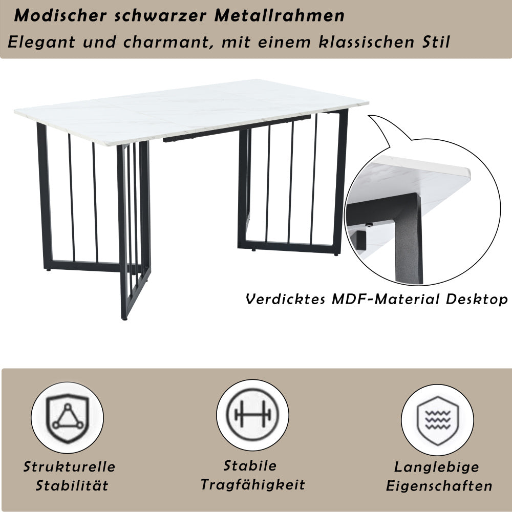 140 x 80 x 75cm Esstisch,(1-St), moderner Küchentisch, Gestell aus Metall,V-förmige Stützbeine
Rechteckiger Esstisch aus  Moderner Marmormuster Küchentisch  mit verstellbaren Füßen ,  Weiß/Schwarz