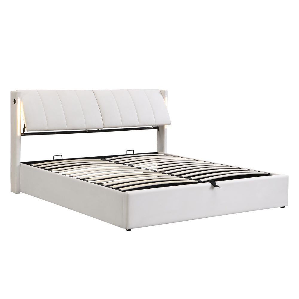 Binaurales LED-Polsterbett 140 x 200 cm, hydraulisches Bett, wiederaufladbarer USB-Anschluss im Bett, mit LED-Beleuchtung, mit Stauraum, verstellbares Kopfteil, PU-Kieselstein, weiß