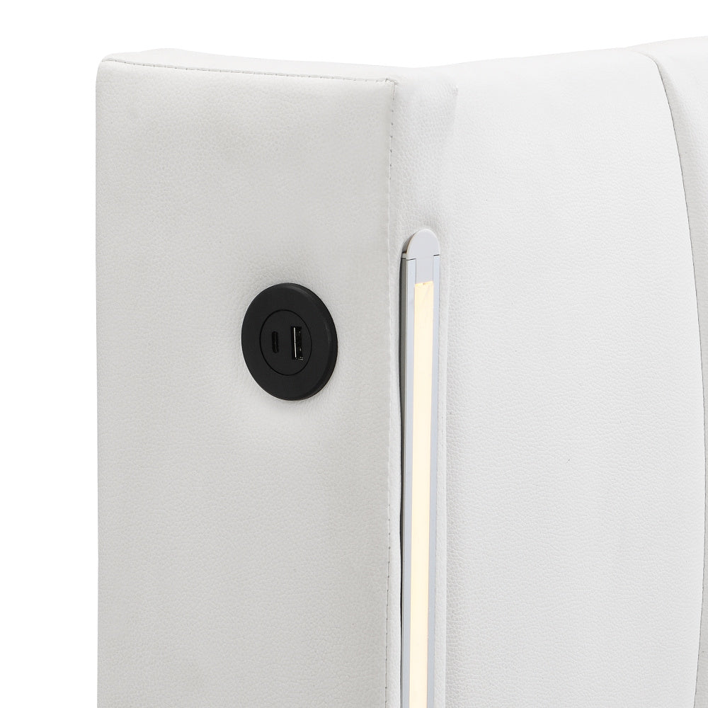 Binaurales LED-Polsterbett 140 x 200 cm, hydraulisches Bett, wiederaufladbarer USB-Anschluss im Bett, mit LED-Beleuchtung, mit Stauraum, verstellbares Kopfteil, PU-Kieselstein, weiß