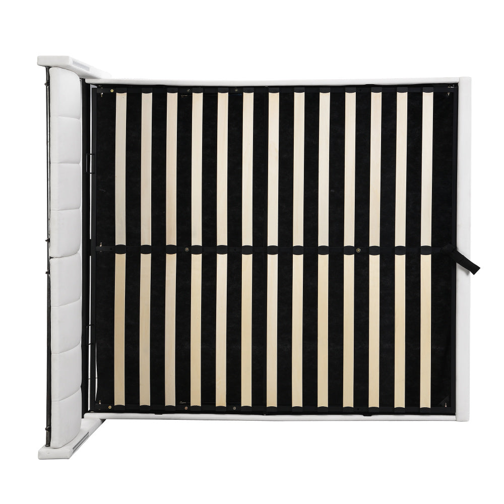 Binaurales LED-Polsterbett 140 x 200 cm, hydraulisches Bett, wiederaufladbarer USB-Anschluss im Bett, mit LED-Beleuchtung, mit Stauraum, verstellbares Kopfteil, PU-Kieselstein, weiß