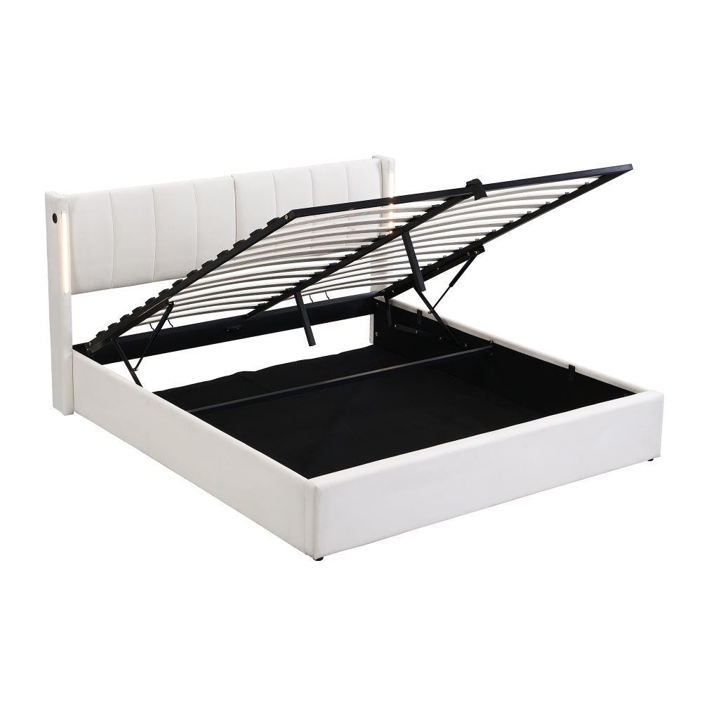 Binaurales LED-Polsterbett 140 x 200 cm, hydraulisches Bett, wiederaufladbarer USB-Anschluss im Bett, mit LED-Beleuchtung, mit Stauraum, verstellbares Kopfteil, PU-Kieselstein, weiß