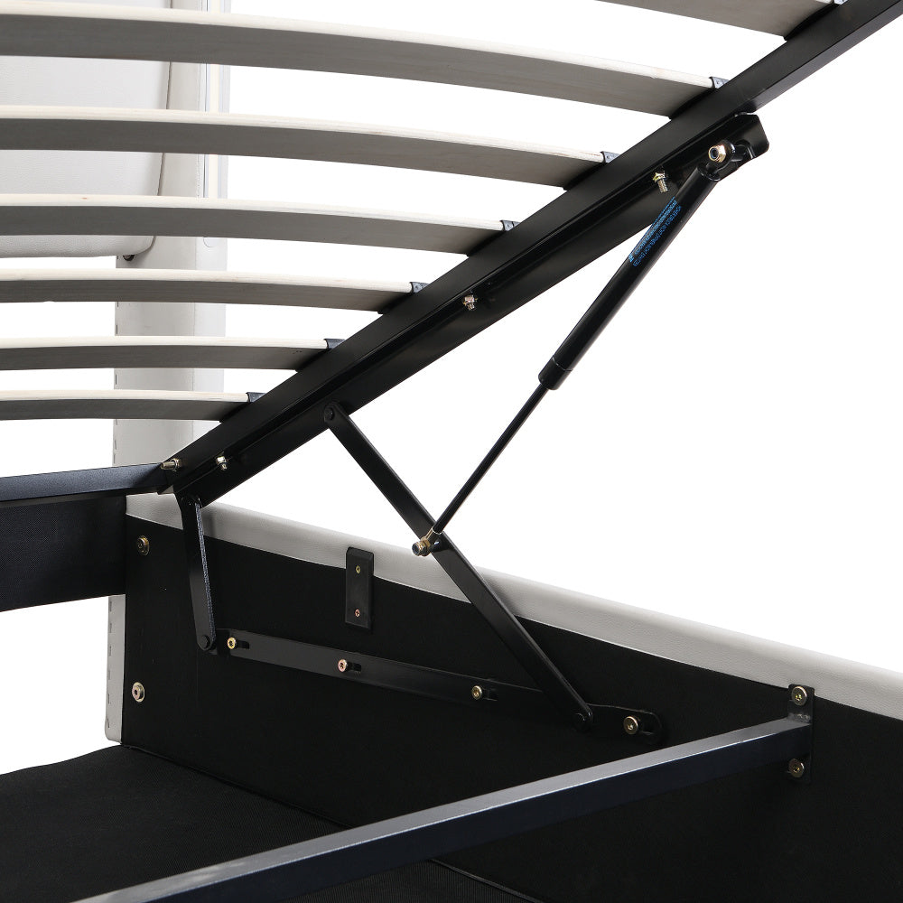 Binaurales LED-Polsterbett 140 x 200 cm, hydraulisches Bett, wiederaufladbarer USB-Anschluss im Bett, mit LED-Beleuchtung, mit Stauraum, verstellbares Kopfteil, PU-Kieselstein, weiß