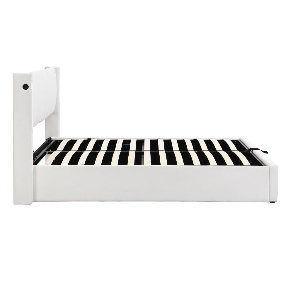 Binaurales LED-Polsterbett 140 x 200 cm, hydraulisches Bett, wiederaufladbarer USB-Anschluss im Bett, mit LED-Beleuchtung, mit Stauraum, verstellbares Kopfteil, PU-Kieselstein, weiß
