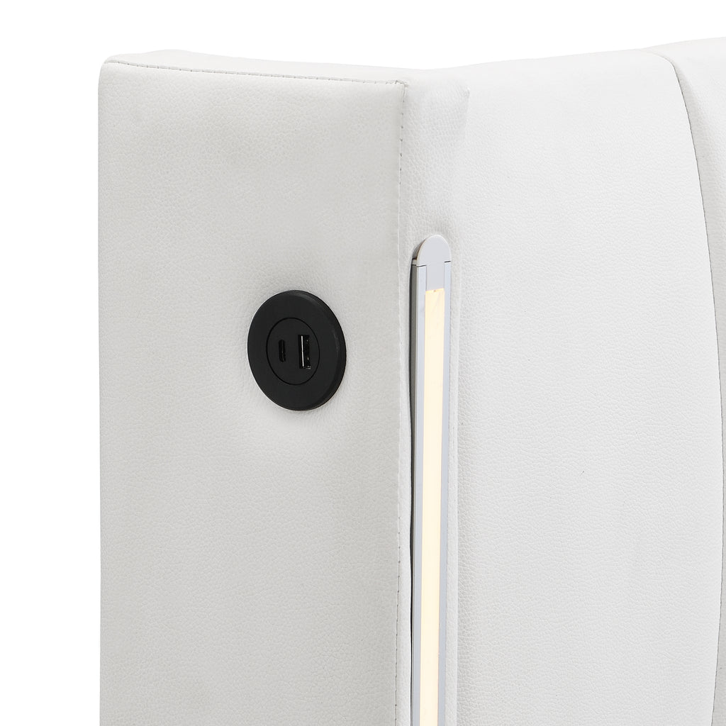 Binaurales LED-Polsterbett 140 x 200 cm, hydraulisches Bett, wiederaufladbarer USB-Anschluss im Bett, mit LED-Beleuchtung, mit Stauraum, verstellbares Kopfteil, PU-Kieselstein, weiß