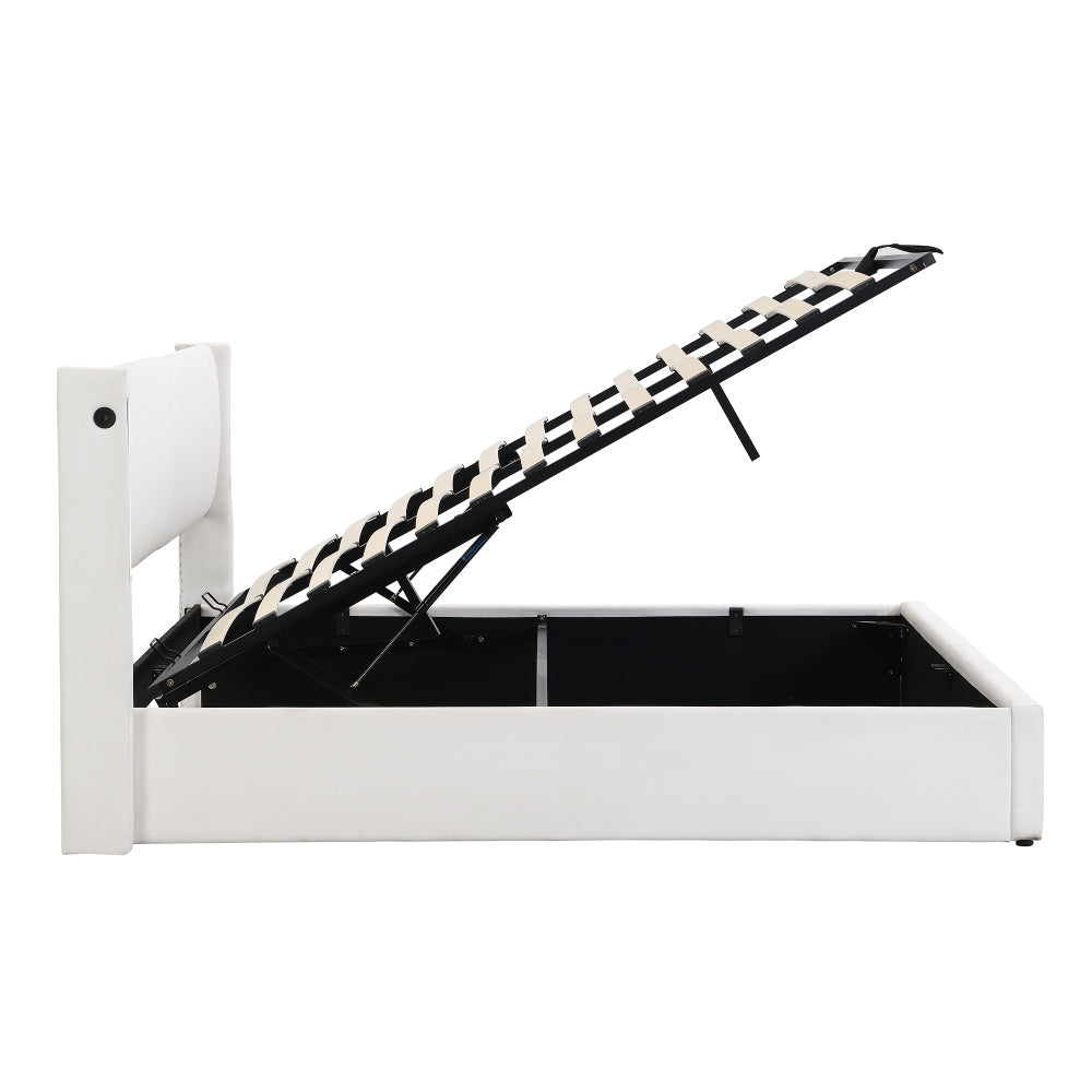 Binaurales LED-Polsterbett 140 x 200 cm, hydraulisches Bett, wiederaufladbarer USB-Anschluss im Bett, mit LED-Beleuchtung, mit Stauraum, verstellbares Kopfteil, PU-Kieselstein, weiß