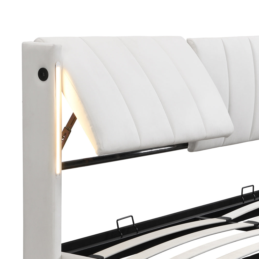 Binaurales LED-Polsterbett 140 x 200 cm, hydraulisches Bett, wiederaufladbarer USB-Anschluss im Bett, mit LED-Beleuchtung, mit Stauraum, verstellbares Kopfteil, PU-Kieselstein, weiß