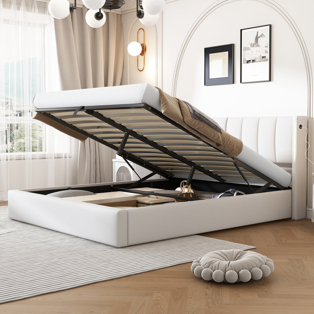 Binaurales LED-Polsterbett 140 x 200 cm, hydraulisches Bett, wiederaufladbarer USB-Anschluss im Bett, mit LED-Beleuchtung, mit Stauraum, verstellbares Kopfteil, PU-Kieselstein, weiß