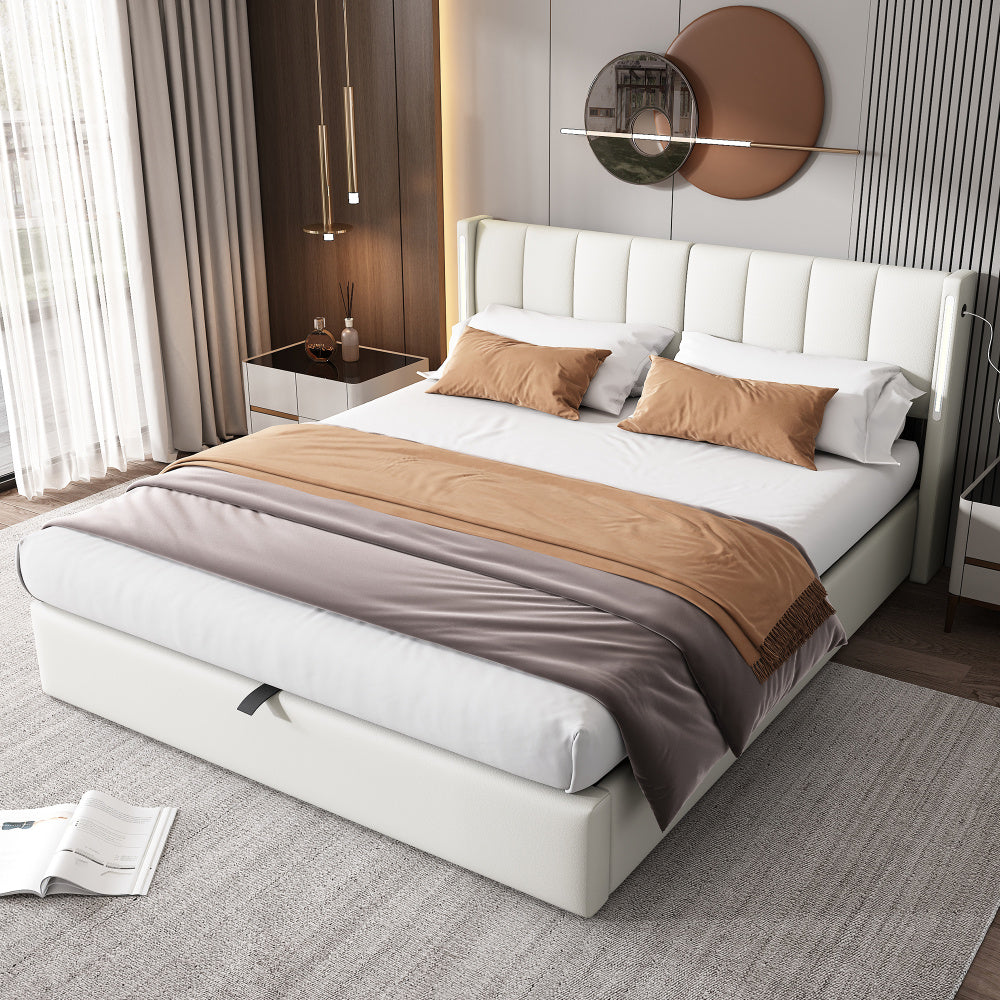 Binaurales LED-Polsterbett 140 x 200 cm, hydraulisches Bett, wiederaufladbarer USB-Anschluss im Bett, mit LED-Beleuchtung, mit Stauraum, verstellbares Kopfteil, PU-Kieselstein, weiß