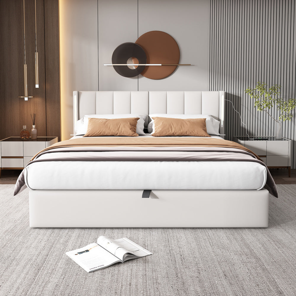 Binaurales LED-Polsterbett 140 x 200 cm, hydraulisches Bett, wiederaufladbarer USB-Anschluss im Bett, mit LED-Beleuchtung, mit Stauraum, verstellbares Kopfteil, PU-Kieselstein, weiß