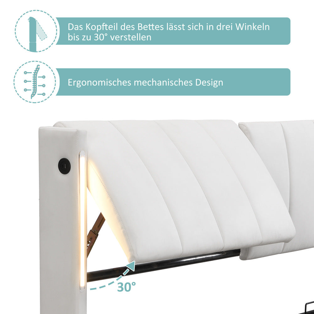 Binaurales LED-Polsterbett 140 x 200 cm, hydraulisches Bett, wiederaufladbarer USB-Anschluss im Bett, mit LED-Beleuchtung, mit Stauraum, verstellbares Kopfteil, PU-Kieselstein, weiß