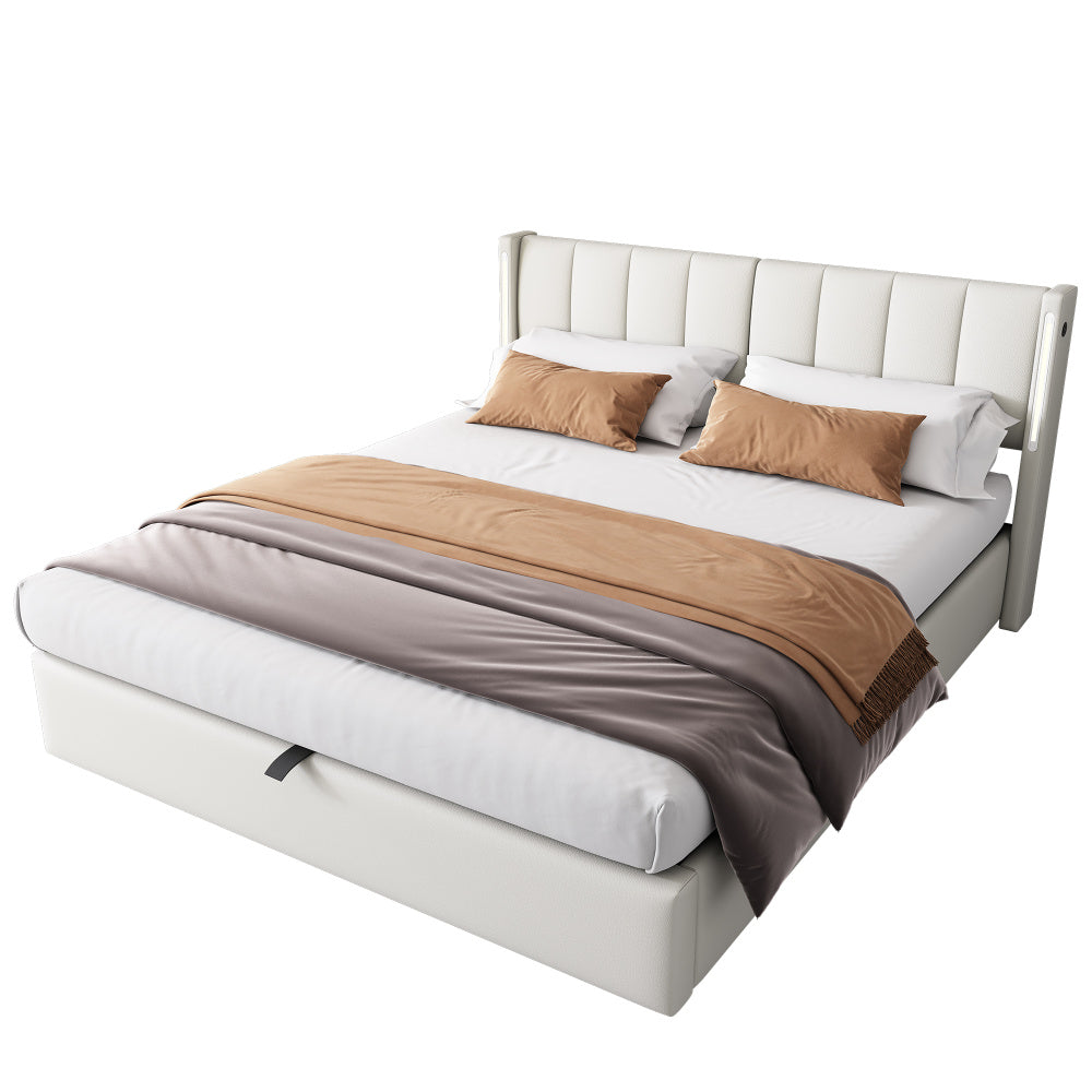Binaurales LED-Polsterbett 140 x 200 cm, hydraulisches Bett, wiederaufladbarer USB-Anschluss im Bett, mit LED-Beleuchtung, mit Stauraum, verstellbares Kopfteil, PU-Kieselstein, weiß