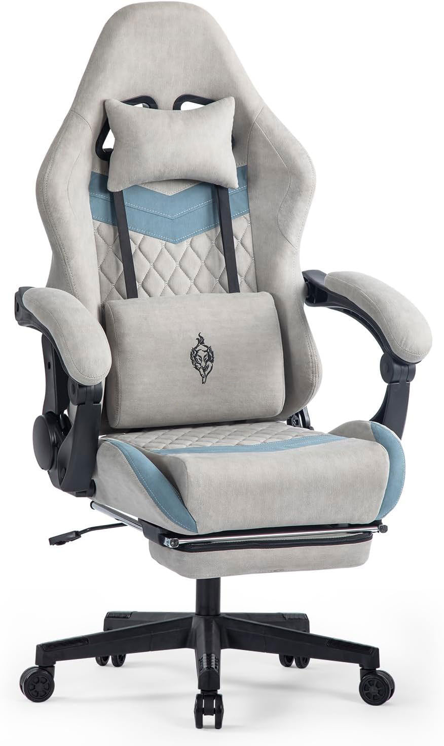 Gaming Stuhl mit Fußstütze Gaming Stuhl Stoff Bürostuhl mit Lendenwirbelstütze Ergonomischer Gaming Sessel Gaming Stuhl 150 kg Belastbarkeit Gamer Stuhl Verstellbare Armlehne, Grau