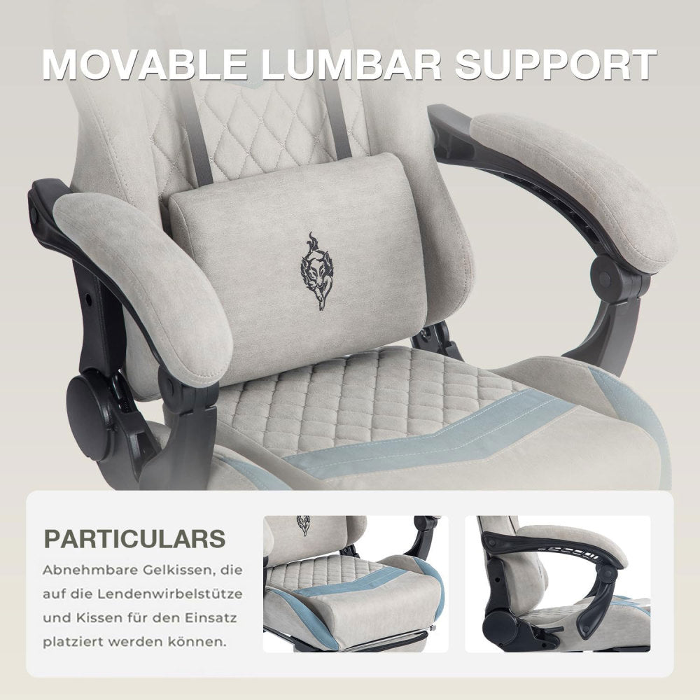 Gaming Stuhl mit Fußstütze Gaming Stuhl Stoff Bürostuhl mit Lendenwirbelstütze Ergonomischer Gaming Sessel Gaming Stuhl 150 kg Belastbarkeit Gamer Stuhl Verstellbare Armlehne, Grau