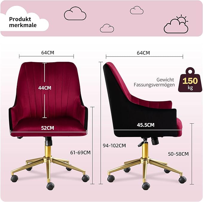 Bürostuhl Höhenverstellbar Drehstuhl Samt Bürosessel Schminkstuhl mit Rädern,Sessel Samtstuhl Für Schlafzimmer/Arbeitszimmer