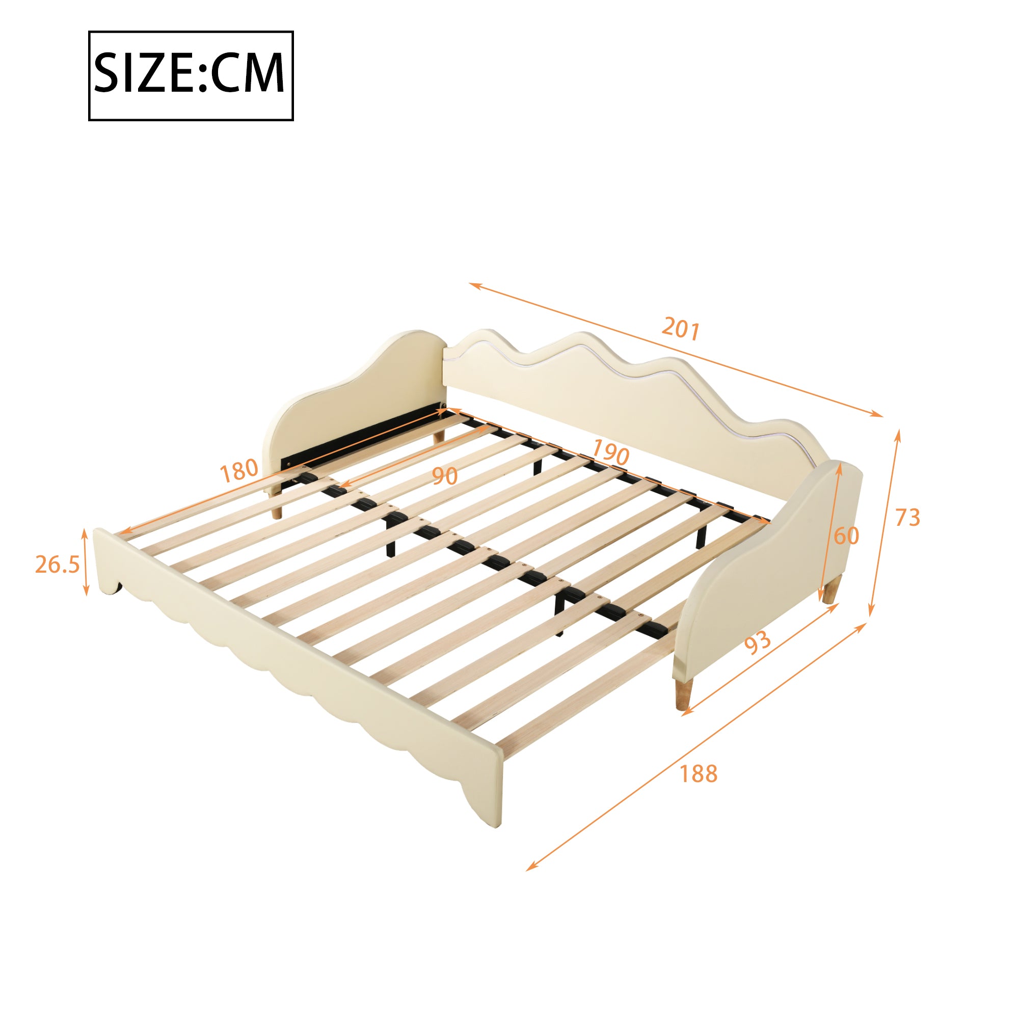 Polsterbett 90(180)*190cm, 2-in-1 Multifunktions-Schlafsofa, Kinderbett aus Kunstleder mit LED-Beleuchtung, mit Lattenrost, Beige