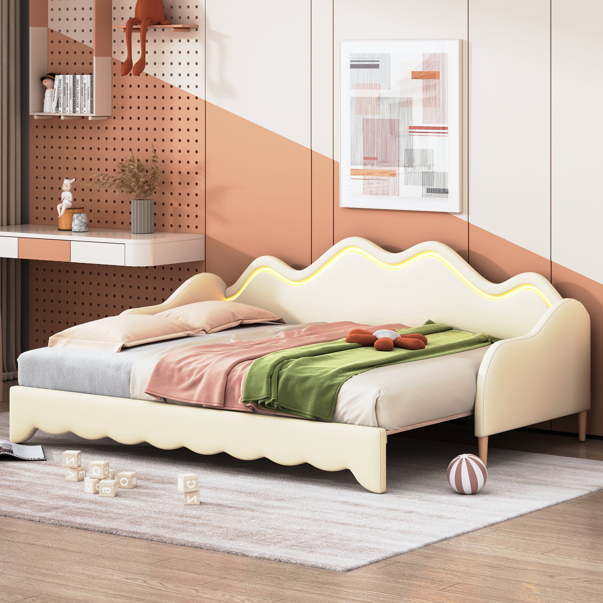Polsterbett 90(180)*190cm, 2-in-1 Multifunktions-Schlafsofa, Kinderbett aus Kunstleder mit LED-Beleuchtung, mit Lattenrost, Beige