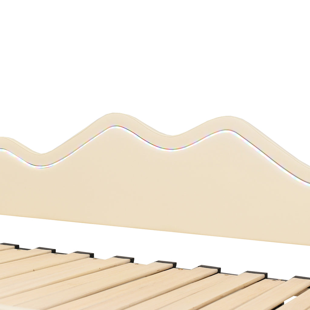 Polsterbett 90(180)*190cm, 2-in-1 Multifunktions-Schlafsofa, Kinderbett aus Kunstleder mit LED-Beleuchtung, mit Lattenrost, Beige