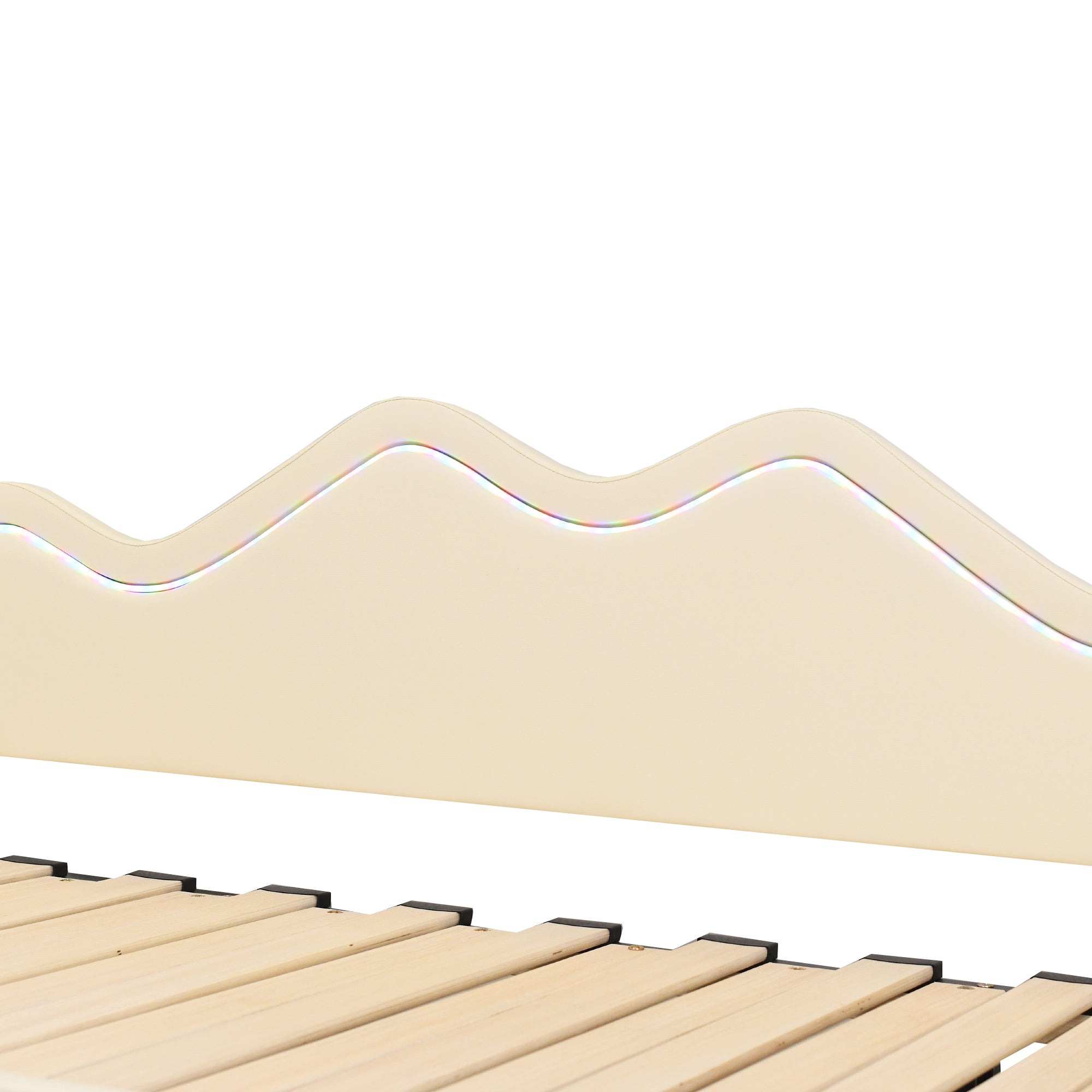 Polsterbett 90(180)*190cm, 2-in-1 Multifunktions-Schlafsofa, Kinderbett aus Kunstleder mit LED-Beleuchtung, mit Lattenrost, Beige