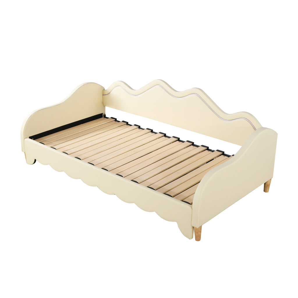 Polsterbett 90(180)*190cm, 2-in-1 Multifunktions-Schlafsofa, Kinderbett aus Kunstleder mit LED-Beleuchtung, mit Lattenrost, Beige