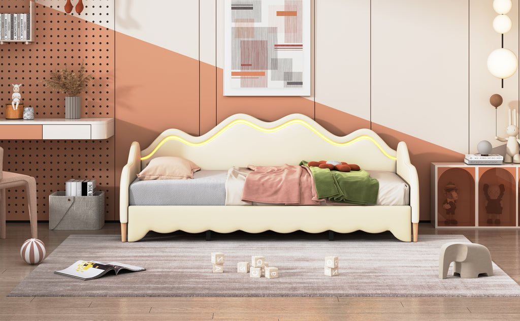 Polsterbett 90(180)*190cm, 2-in-1 Multifunktions-Schlafsofa, Kinderbett aus Kunstleder mit LED-Beleuchtung, mit Lattenrost, Beige