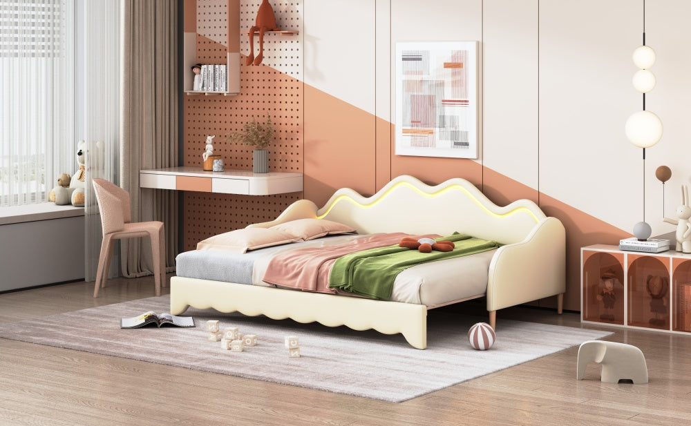 Polsterbett 90(180)*190cm, 2-in-1 Multifunktions-Schlafsofa, Kinderbett aus Kunstleder mit LED-Beleuchtung, mit Lattenrost, Beige