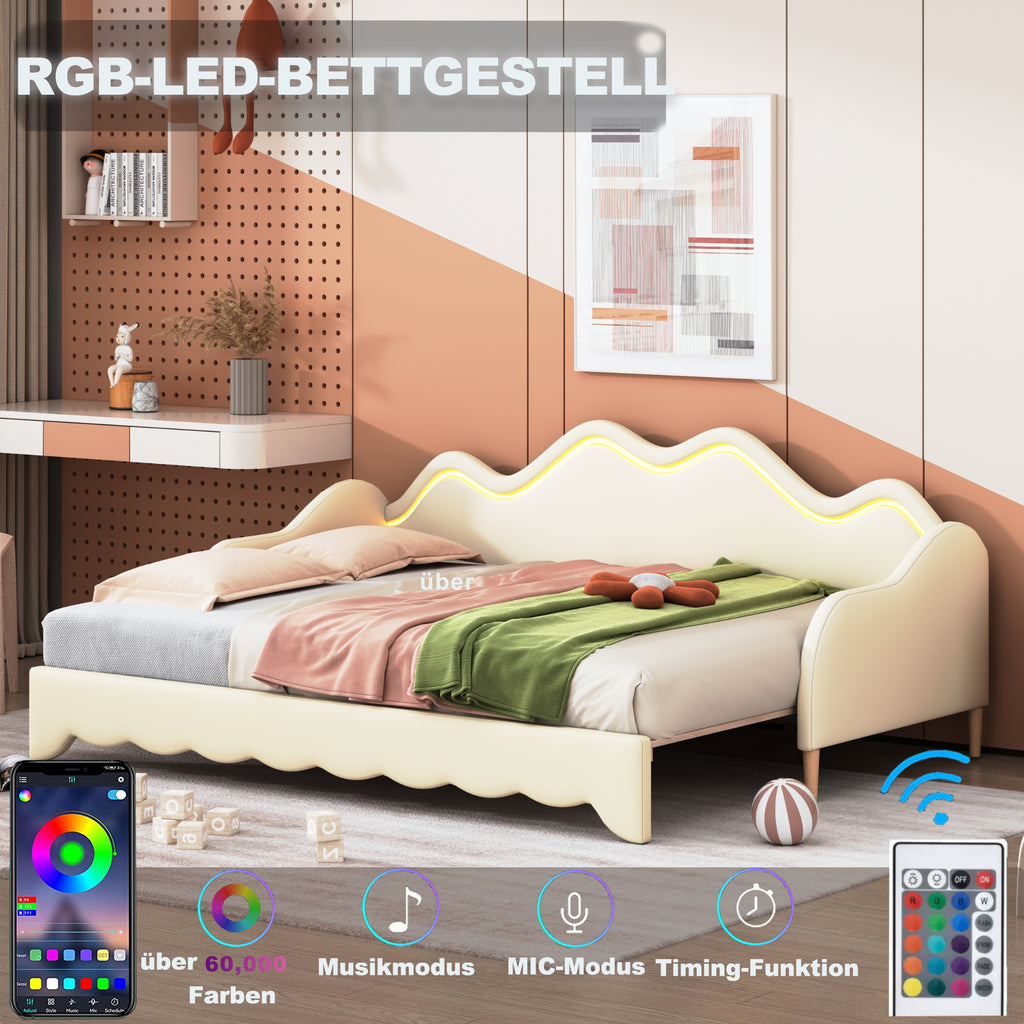 Polsterbett 90(180)*190cm, 2-in-1 Multifunktions-Schlafsofa, Kinderbett aus Kunstleder mit LED-Beleuchtung, mit Lattenrost, Beige