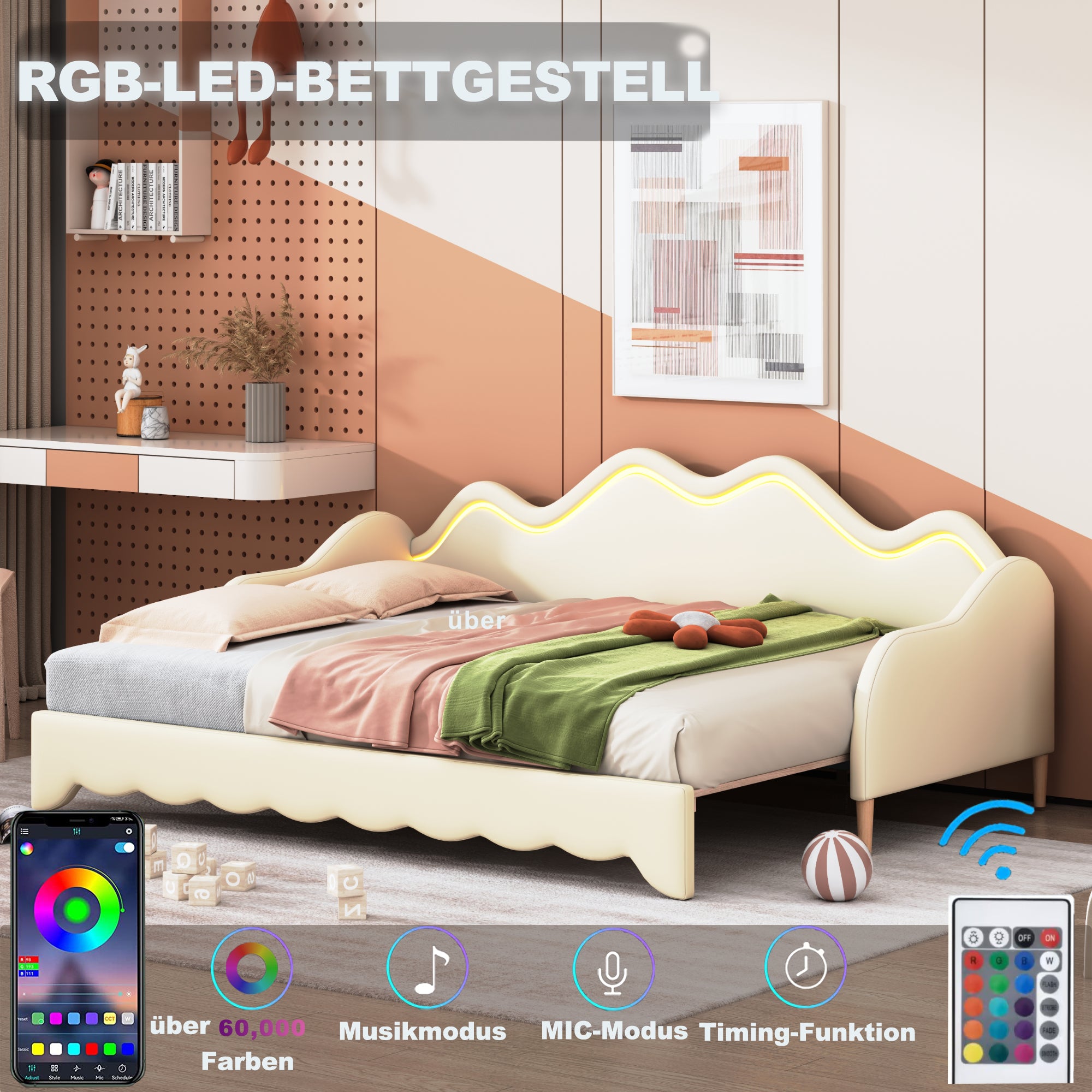Polsterbett 90(180)*190cm, 2-in-1 Multifunktions-Schlafsofa, Kinderbett aus Kunstleder mit LED-Beleuchtung, mit Lattenrost, Beige