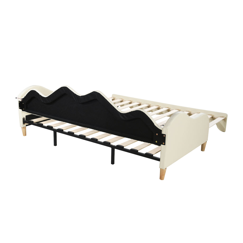 Polsterbett 90(180)*190cm, 2-in-1 Multifunktions-Schlafsofa, Kinderbett aus Kunstleder mit LED-Beleuchtung, mit Lattenrost, Beige