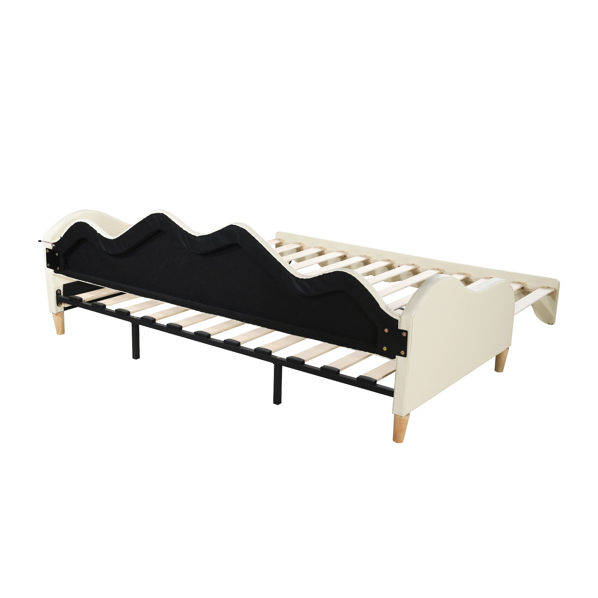 Polsterbett 90(180)*190cm, 2-in-1 Multifunktions-Schlafsofa, Kinderbett aus Kunstleder mit LED-Beleuchtung, mit Lattenrost, Beige