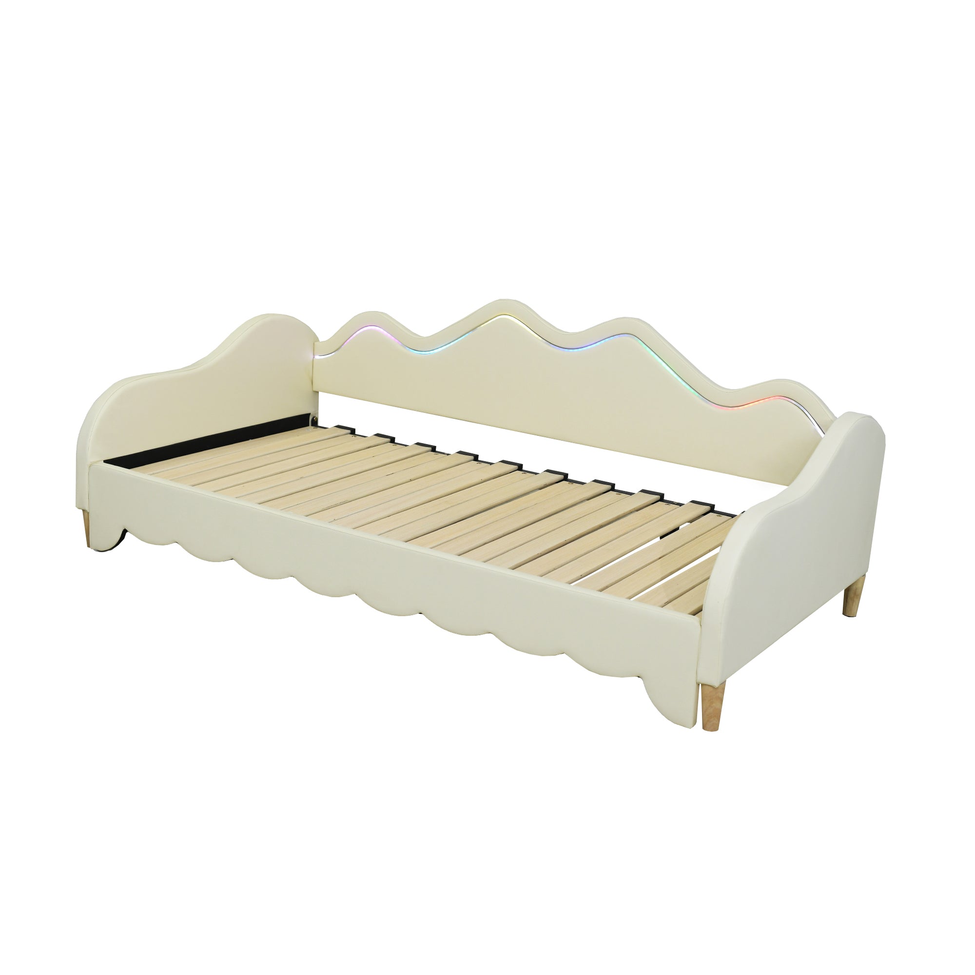 Polsterbett 90(180)*190cm, 2-in-1 Multifunktions-Schlafsofa, Kinderbett aus Kunstleder mit LED-Beleuchtung, mit Lattenrost, Beige