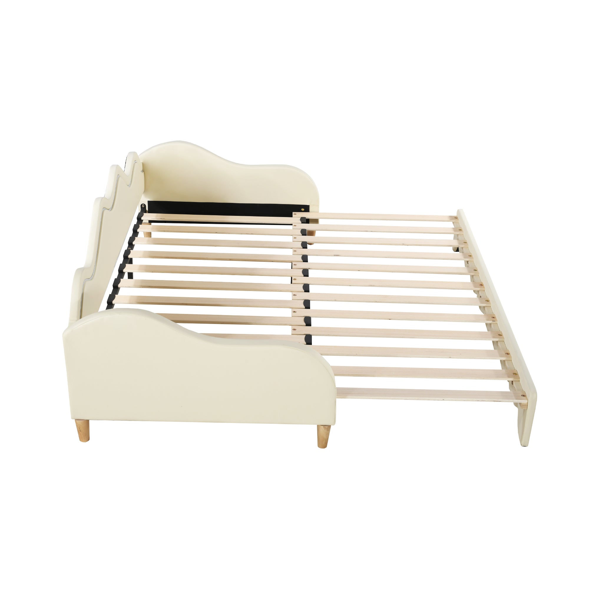 Polsterbett 90(180)*190cm, 2-in-1 Multifunktions-Schlafsofa, Kinderbett aus Kunstleder mit LED-Beleuchtung, mit Lattenrost, Beige