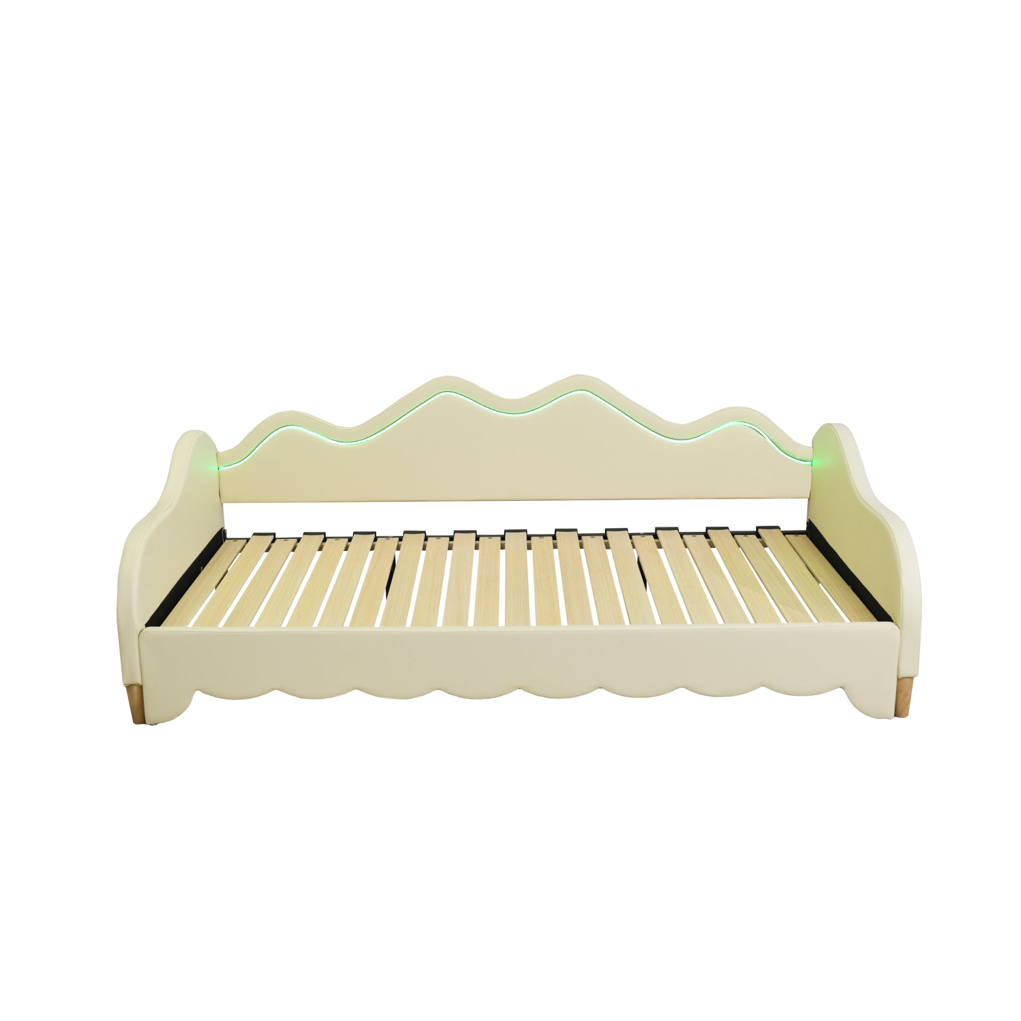 Polsterbett 90(180)*190cm, 2-in-1 Multifunktions-Schlafsofa, Kinderbett aus Kunstleder mit LED-Beleuchtung, mit Lattenrost, Beige